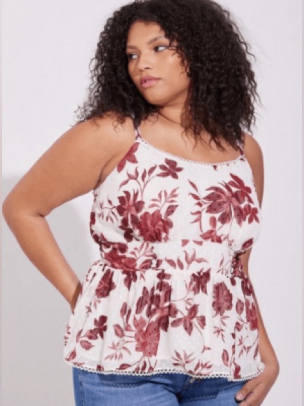 Torrid Peplum Clip Dot Shirred Bust Lace Trim Top SZ 1 NWT